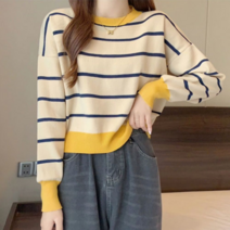 보드미 데일리복 귀여운 개성있는 줄무늬 단가라 크롭 니트 티셔츠