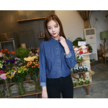 전면 긴팔 데님 셔츠 여 봄 여성 루즈핏 데님 셔츠