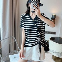 -넥 티셔츠 스트라이프 반소매 드로 스트링 대각선 버클 얇은 슬림 아이스 실크 느슨한 티셔츠 여름 조커 스웨터 탑