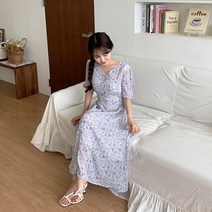 라벤더 콩단추 스모크 쉬폰 플레어 반팔 롱 원피스