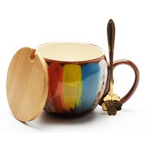 레인보우 커피잔 수채화 머그, F.이너 블루 찻잔+우드 뚜껑+꽃잎 티스푼