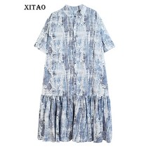 XITAO 싱글 단추 프린트 원피스 한국 여름 개성 패션 루즈한 반팔 원피스 WLD6976