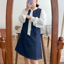 154cm 진청 흑청 A라인 라운드 데님 미디 청원피스