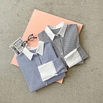옷자락 여자 줄지 카라 커프스 배색 면남방 스트라이프 셔츠