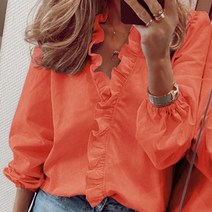 프릴 레이스 블라우스 러플 화이트 셔츠 여성 봄 긴팔 넥 풀오버 오피스 캐주얼 플레인 빅사이즈