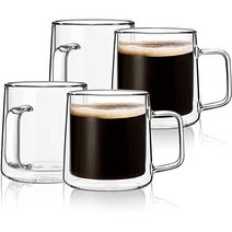 머그컵 CNGLASS 15.2oz (450ml) 유리 커피 머그 손잡이 달린 이중 벽 단열 라떼용 클리어 에스프레소 카푸치노 티백 2개 세트, 10oz(4팩)