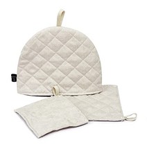 Kuai 티코지 냄비 매트 3 점 세트 티코지 찻주전자 커버 골동품 북유럽 스타일 유행 무지 퀼팅 27 × 22cm (베이지)