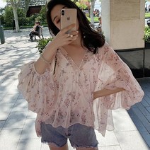 홍대언니 플라워 쉬폰 브이넥 셔링 퍼프 블라우스