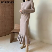 올리브색니트 핫핑크니트 bgteever 우아한 하프 터틀넥 여성 니트 인어 드레스 가을 겨울 전체 소매 느슨한 여성 긴 스웨터 드레스 2021 75