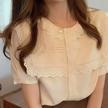 봄 여름 뉴 레이스 블라우스 빅카라 펀칭 셔츠 여성스런 화이트 반팔티
