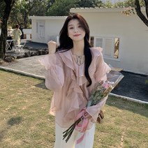 망고비에비 여성 봄 여름 브이넥 쉬폰 퍼플 소매 블라우스 캉캉 링클셔츠