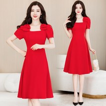 상견례옷차림 프렌치 리본 레드 쉬폰 퍼프 벌룬 반팔 a라인 레드 블랙 플레어 고급 결혼식
