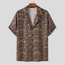 INCERUN 남성 호피 프린트 라펠 반팔 셔츠 루즈핏 캐주얼