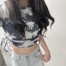 입꼬 타이다이 물나염 스트링 셔링 골지 반팔티셔츠