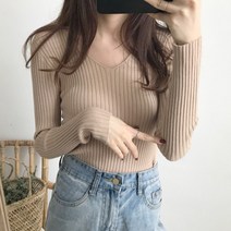 감성갤러리 심플 베이직 브이넥 골지 긴팔티 슬림핏 긴팔 여리핏 청순 S-C018