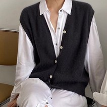 울 조끼 v넥 가디건 여성용 민소매 스웨터 퓨어 컬러 캐주얼 루즈한 캐시미어 제품 ATTYYWS 브랜드, [01] Black