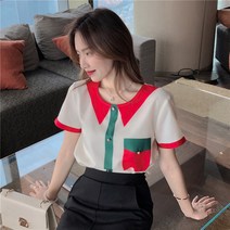 프린팅블라우스 여름 반팔 상의 여성 블로킹 색 애니메이션 플라워 블라우스셔츠스타일 디자인감각 보이핏 볼륨 650942259