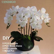 화병 도자기 유리 돌 흰색 나방 난초 DIY 꽃꽂이 (5PCS 4PCS 이끼 잎 + 냄비) 나비 꽃 장식 중심 인디고, 01 1 SET DIY