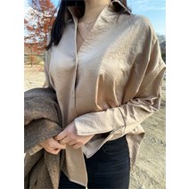 루즈핏 겨울 여자 새틴 따뜻한 브이넥 소매 지퍼 유니크한 블라우스 셔츠