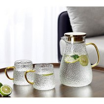 LEYDUN 대용량 스텐 뚜껑 내열유리 물병 2000ml, 아이스팟1900ml *컵 400ml*2개