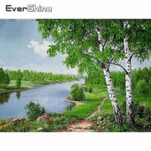 보석십자수 꽃 과일 큐빅 비즈Evershine 5D 다이아몬드 DIY 모자이크 풍경 페인팅 자작 나무 풀 세트 자수, 08 라운드  20X30