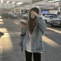 데님 자켓 루즈한 시크한 디자인 센스 페이크 투피스 후드 레트로 홍콩풍 자켓 탑 여성