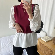 마쿠쿠 반목 금단 배색 니트 소매 여성 긴팔 블라우스 페이크 투피스