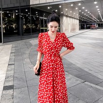 쉬폰 허리 스트링 롱원피스 여름 롱스커트 트임 폭팔 도트 플라워 조거 반팔 셔츠