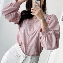 모노치코 퍼프소매 절개 면 셔츠 블라우스
