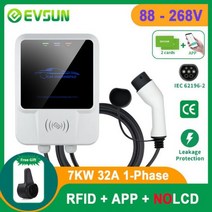 전기차충전기 EVSUN EV 충전기 유형 2 IEC62196-2 APP Wifi 제어 21KW 3상 전기 자동차 충전 스테이션 EVSE 벽 박스 케이블 포함, 7KW RFID App NOLCD