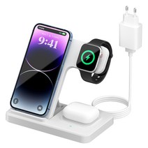 Mankiw맨큐 접이식 3in1 무선충전기 아이폰 애플워치 에어팟 고속충전 돼지코 포함, 화이트