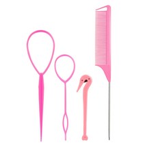4pcs/set 프렌치 브레이드 도구 루프 탄성 헤어 밴드 리무버 커터 쥐 꼬리 빗 금속 핀 테일 브레이딩 빗 헤어 스타일링, 분홍색