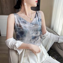 DFMEI 핸드페인팅 잉크페인팅 실크 탱크탑 여자 이너 V넥사새틴 저고리
