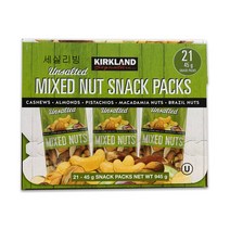 커클랜드 언솔티드 믹스 넛 스낵 팩 45g 21봉 총 945g 무염 캐슈넛 아몬드 피스타치오 마카다미아넛 브라질넛, 1박스