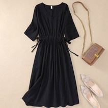 아이엠몽 여성 린넨 코튼 크루넥 허리조절 A라인 포켓 원피스 놀리판