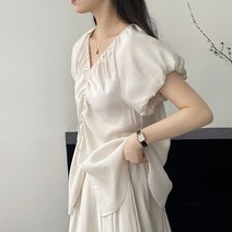 코카마니 여성 브이넥 셔링 네크라인 가슴끈 벌룬 소매 앞트임 반팔 블라우스