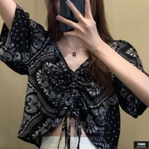 가바바 여성 블라우스 바캉스룩으로 딱인 에스닉패턴 셔링 반팔 여름 블라우스 G61898