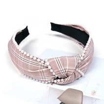 티앤디하우스 여성 패션헤어밴드 윰블리 머리띠 진주체크 핑크 매듭머리띠 세안밴드