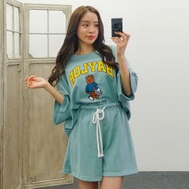 발루 프린팅 루즈핏 반팔 반바지 트레이닝세트 홈웨어