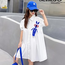 포인트 캐릭터 여아 주니어 여름 흰색 순면 셔츠 원피스 화이트 퍼프 반팔 초등 패션 드레스