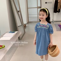 에모베베 2022 여름 치마 중소 소녀 얇은 대나무 마디 마면 네모난 자수 공주 원피스