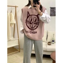 브러시드 플러시 슈퍼 큐티 빅 고양이 프린트 스웨터 조끼 봄