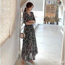 Momolatti 여름 잔꽃 시폰 브이넥 롱원피스