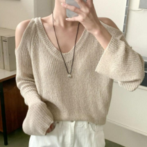 시프트에잇 국내제작 브이 숄더 어깨 트임 여름 긴팔 니트