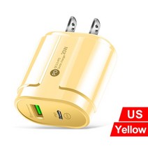 20W 듀얼 USB 충전기 EU 미국 플러그 벽 충전 유형 C PD 휴대 전화 충전기 iPhone12 11 삼성 Xiaomi 전원 공급 장치 어댑터, US Yellow, 07 US Yellow, 보여진 바와 같이