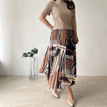 네모엔룩 여성용 기하플리츠 패턴나염 플리츠 롱 스커트