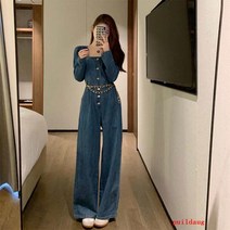 puildaug 캐주얼 작은 키 슬림 데님 점프 수트 기질 전문 긴 소매 점프 수트 여성 봄