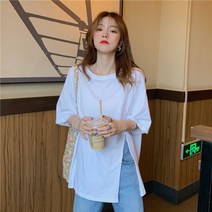 스타일아유 여성 여름 면혼방 오버핏 반팔 무채색 불규칙 티셔츠 2 COLORS [AYG6TS0099]