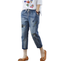 도오빠 여성 청바지 스트레이트진 디스트로이드 데일리 일자핏 데님 팬츠 자수 밴딩 루즈 사계절 편안한 여자청바지