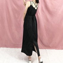 오월 여성용 바캉스 휴양지 휴가룩 수플레 뒷리본 백리스 X자 등파임 끈나시 실키 스트링 밑단 뒷트임 롱원피스 (2color)